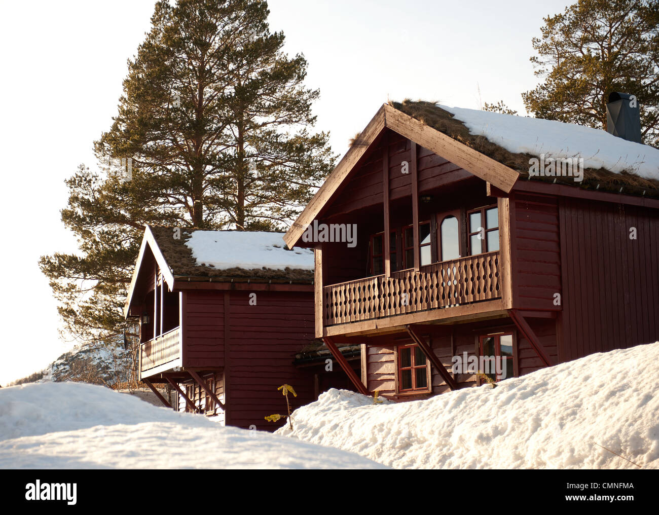 Holz Ferienhäuser im Winter in Hovden, ein Ski-Resort in Süd-Norwegen Stockfoto