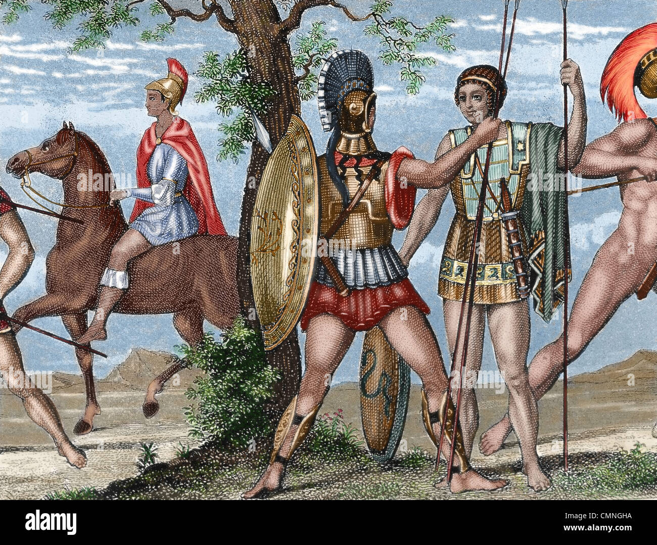 Zwei griechischen Soldaten. Schwere Infanterie, mit Helm, Schild und Rüstung und Heloten, ungeschützt und mit Speer. Stockfoto