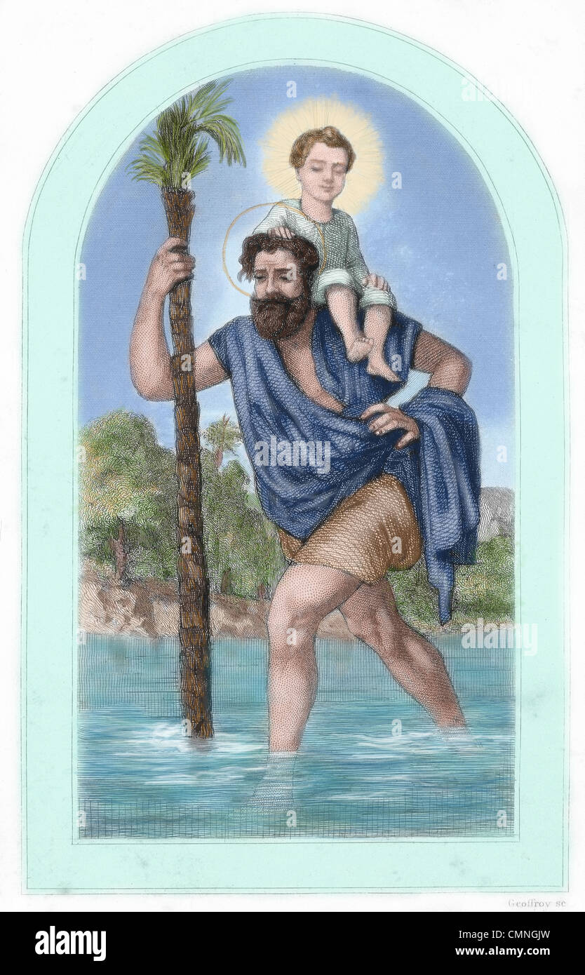 Heiliger Christophorus trägt das Jesuskind. 3. Jahrhundert. Farbige Gravur. des 19. Jahrhunderts. Stockfoto