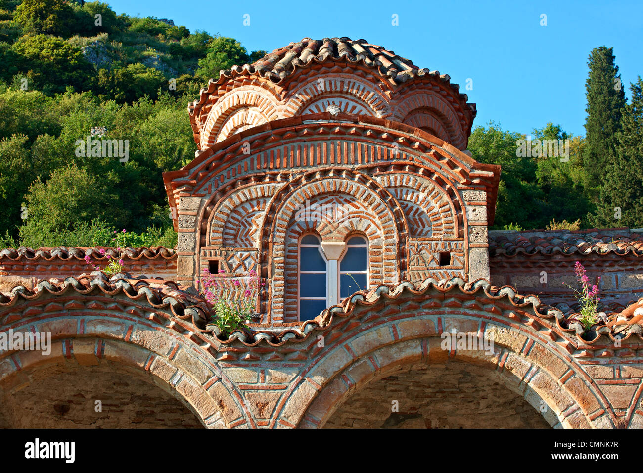 Die byzantinische Kirche der Hagia Sophia im Kloster von Christus der Geber des Lebens. Mystras, Sparta, Peloponnes, Griechenland. Stockfoto