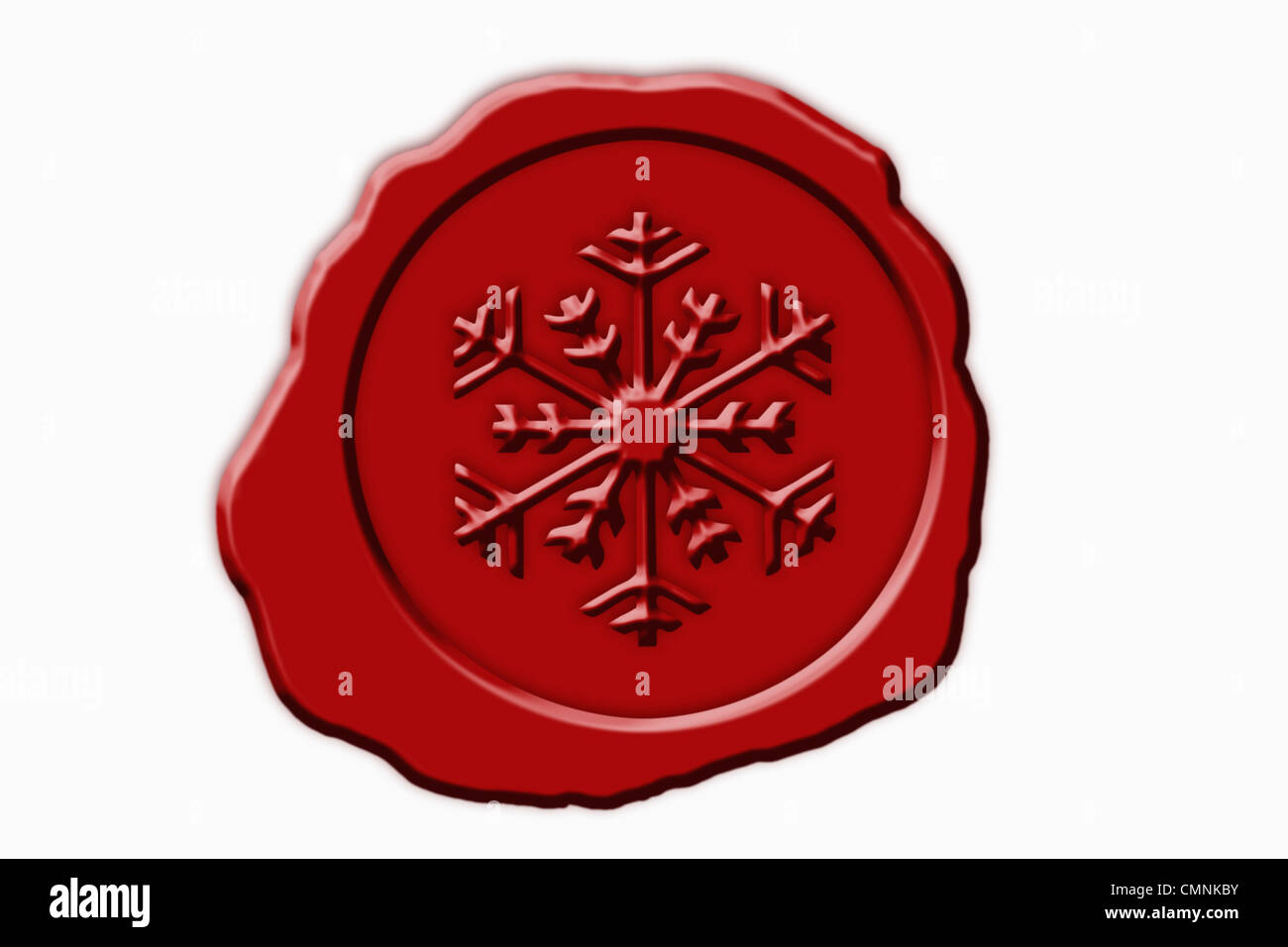 Detail-Foto einer roten Dichtung mit einer Schneeflocke Symbol in der Mitte, Hintergrund weiß. Stockfoto