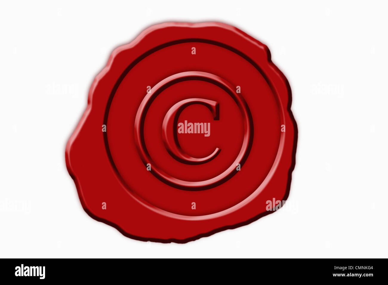 Detail-Foto einer roten Dichtung mit einem Copyright-Symbol in der Mitte, Hintergrund-Himmel Stockfoto