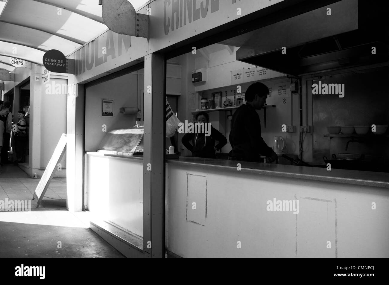 Chinesische Fast-Food-Stand an Norwich City Covered Market Stockfoto