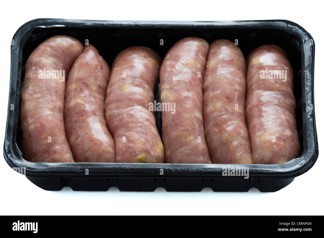 Schweinefleisch und Apple Rohwürste in einem schwarzen Kunststoff Einzelhandel-Tablett Stockfoto