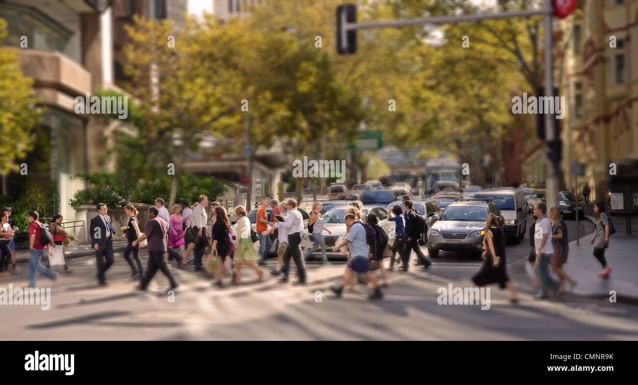 Menschen überqueren einer viel befahrenen Straße in Sydney CBD, Australien. Miniatur-Effekt Stockfoto