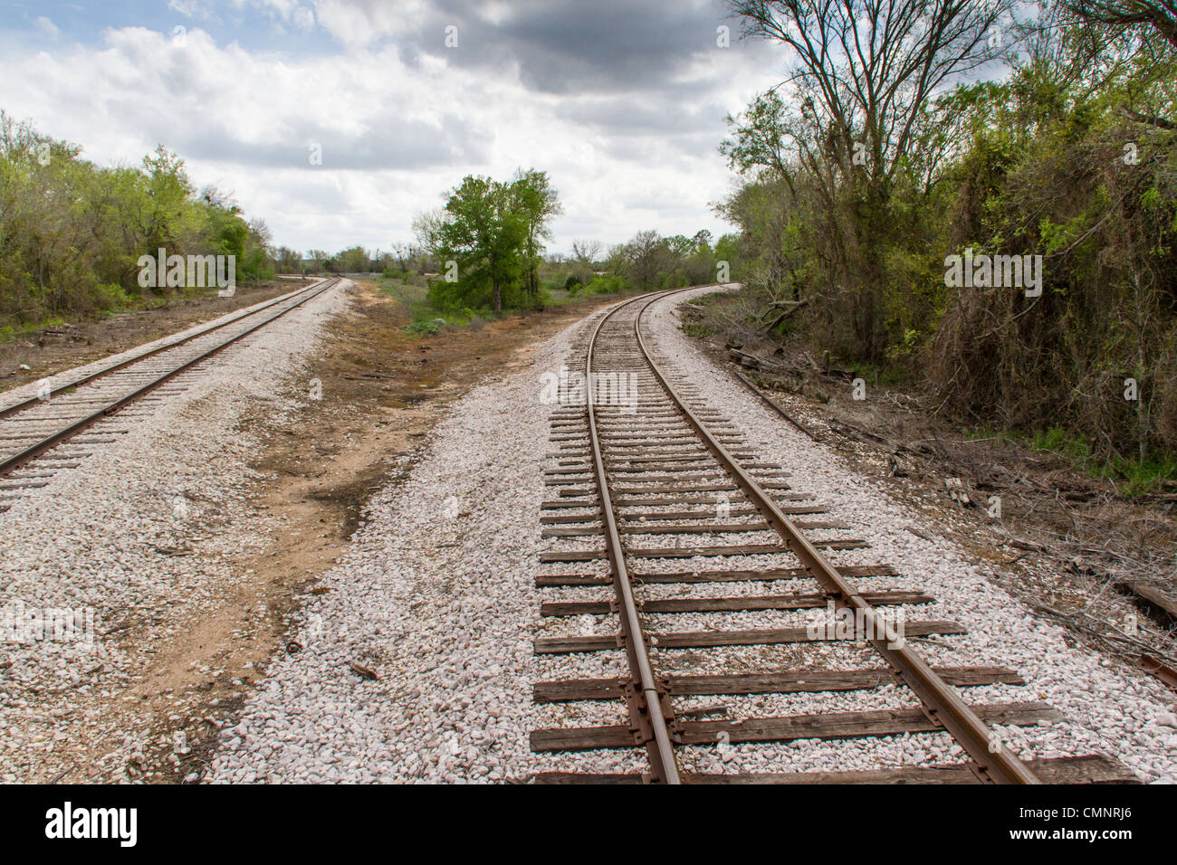 Dual Train Gleise auf Austin und Texas Central Railroad in Zentral-Texas, zwischen Austin und Burnett, Texas. Stockfoto