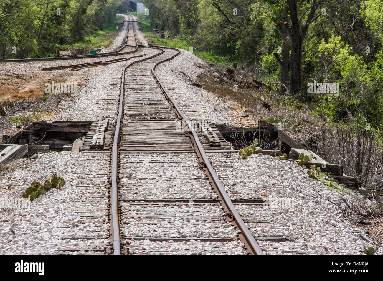 Dual Train Gleise auf Austin und Texas Central Railroad in Zentral-Texas, zwischen Austin und Burnett, Texas. Stockfoto