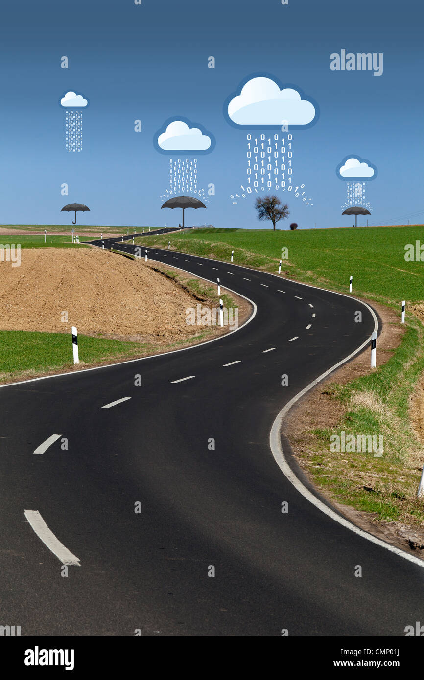 Datenwolke regnet auf eine reale Welt mit einer langen Straße Stockfoto