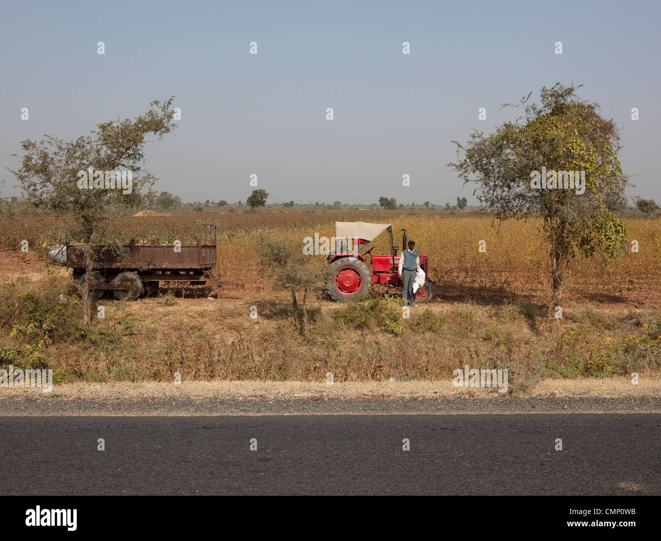 Ein Bauer steht mit seinem Traktor die in einem Feld von Baumwolle über die Autobahn im indischen Bundesstaat Gujarat geparkt ist Stockfoto