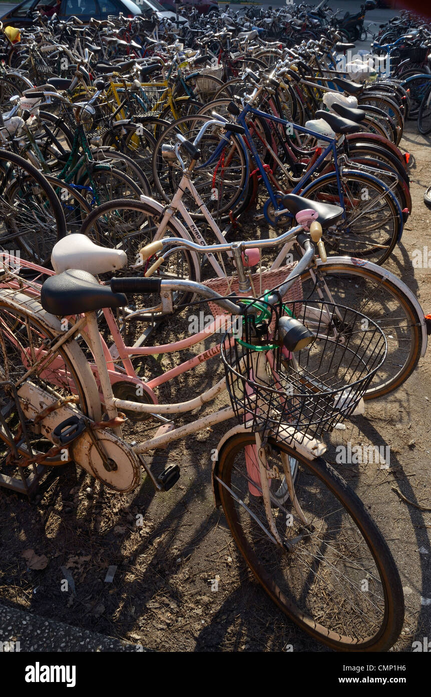 Fahrräder parken am Bahnhof in Ferrara, Italien. Stockfoto