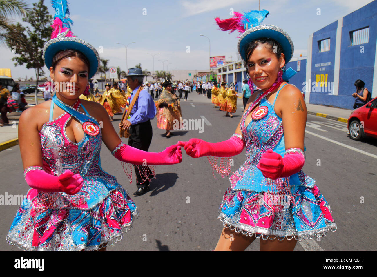 Arica Chile, Avenida Pedro Montt, Carnaval Andino, Karneval der Anden, Parade, Probe, indigene, Aymara-Erbe, traditioneller Folklore-Tanz, Caporales, Truppe Stockfoto