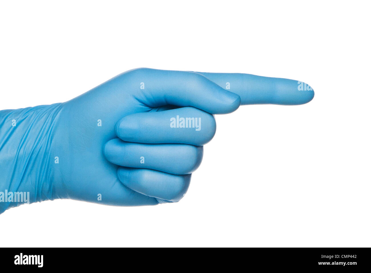 Nahaufnahme der blauen medizinischen Handschuh auf Seite, mit Zeigefinger  zeigt richtige Faust. Isoliert auf weiss Stockfotografie - Alamy