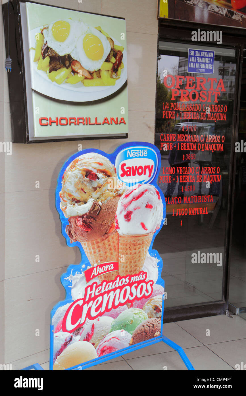 Santiago Chile, Providencia, Avenida Vicuna Mackenna, Fuente De Soda Prosit, Sodabrunnen, Sandwichladen, Eingang, Sodabrunnen, Schild, Logo, Nestle Bohnenkraut, ic Stockfoto