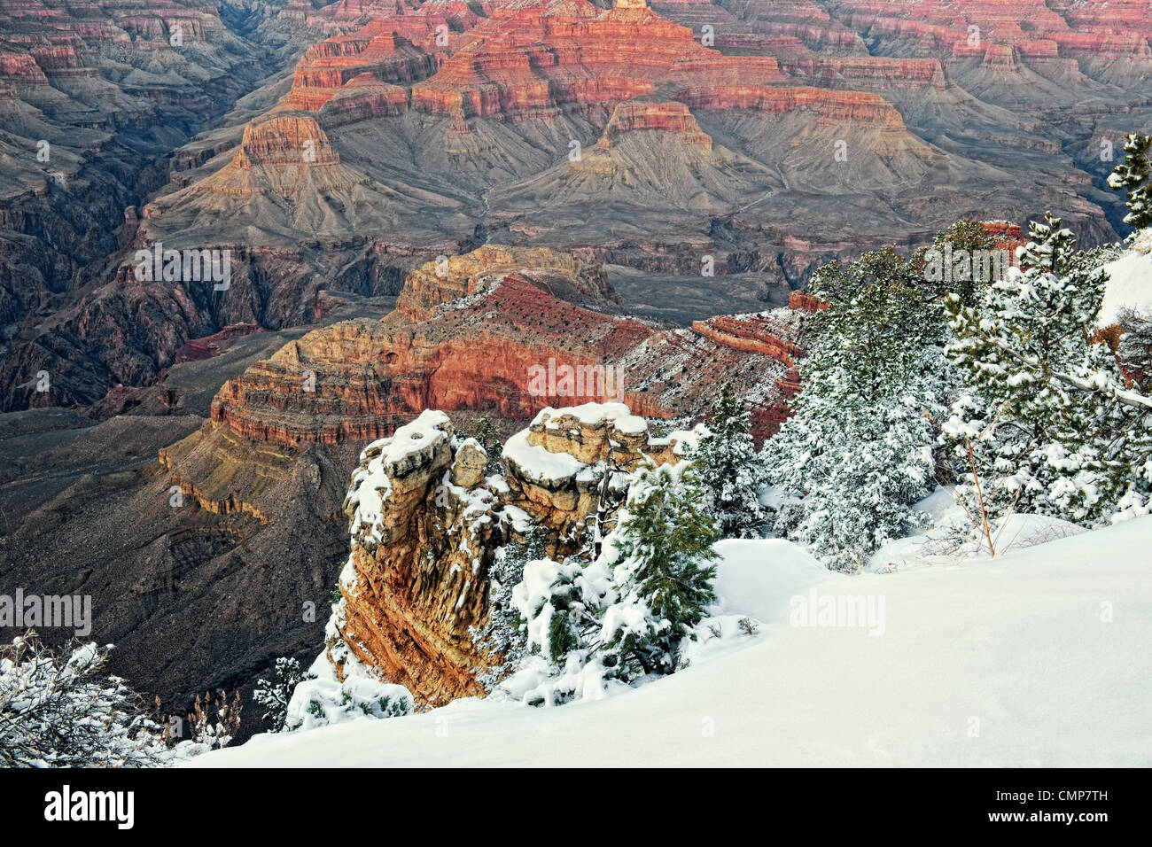 Schnee am South Rim und Mather Point ergänzen die Schönheit des Arizonas Grand Canyon National Park. Stockfoto