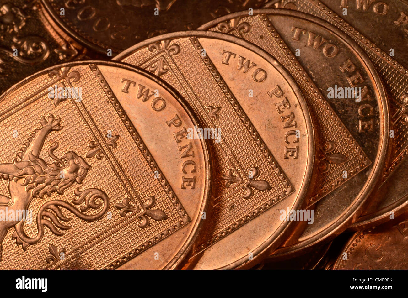 In der Nähe von Großbritannien zwei Pence (2 p) Münze, Pennies. Stockfoto