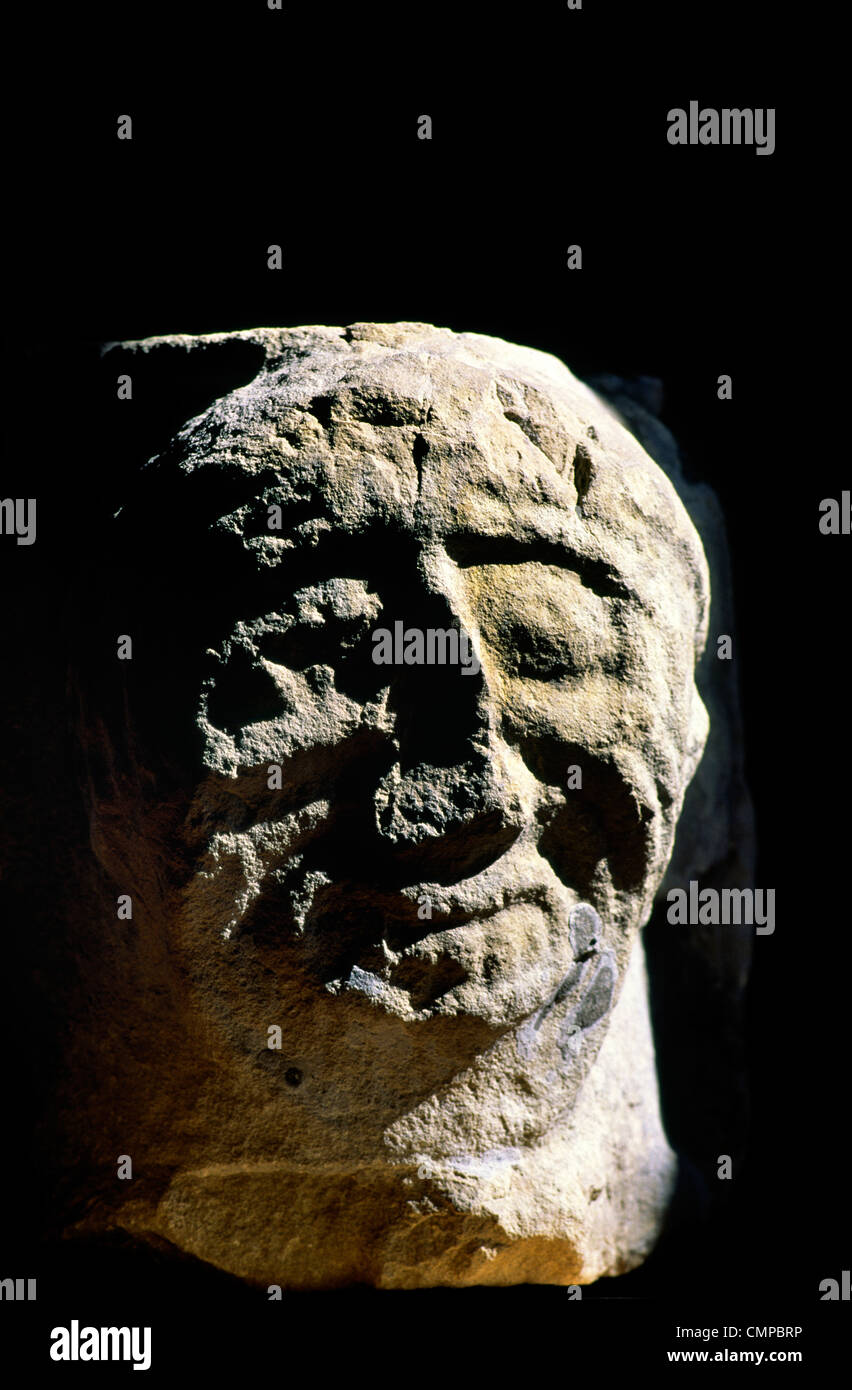 Stone Romanesque Periode Kopf. Keltischen christlichen klösterlichen Website Devenish Insel. Unteren Sie Lough Erne, Grafschaft Fermanagh, Nordirland Stockfoto