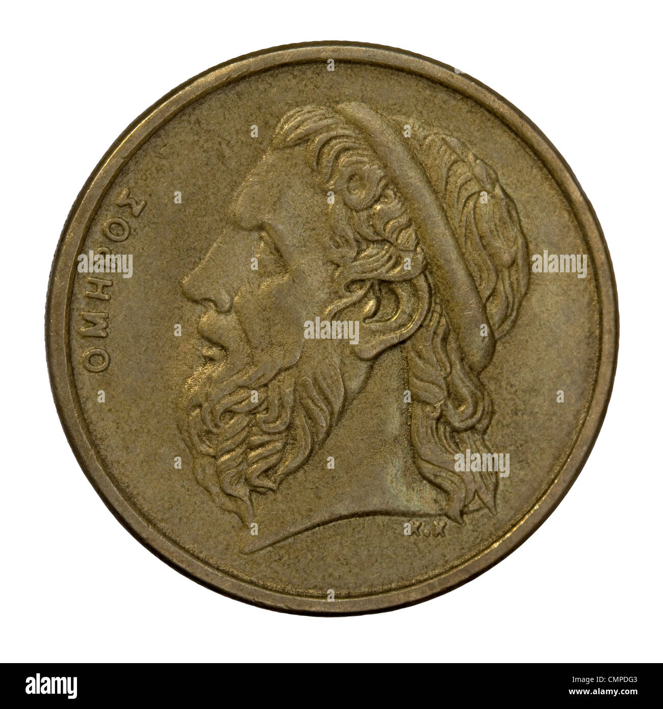 Porträt von Homer, legendären antiken griechischen epischen Dichter, Autor der Ilias und der Odyssee, 50 Drachmen Umlauf Münze Stockfoto