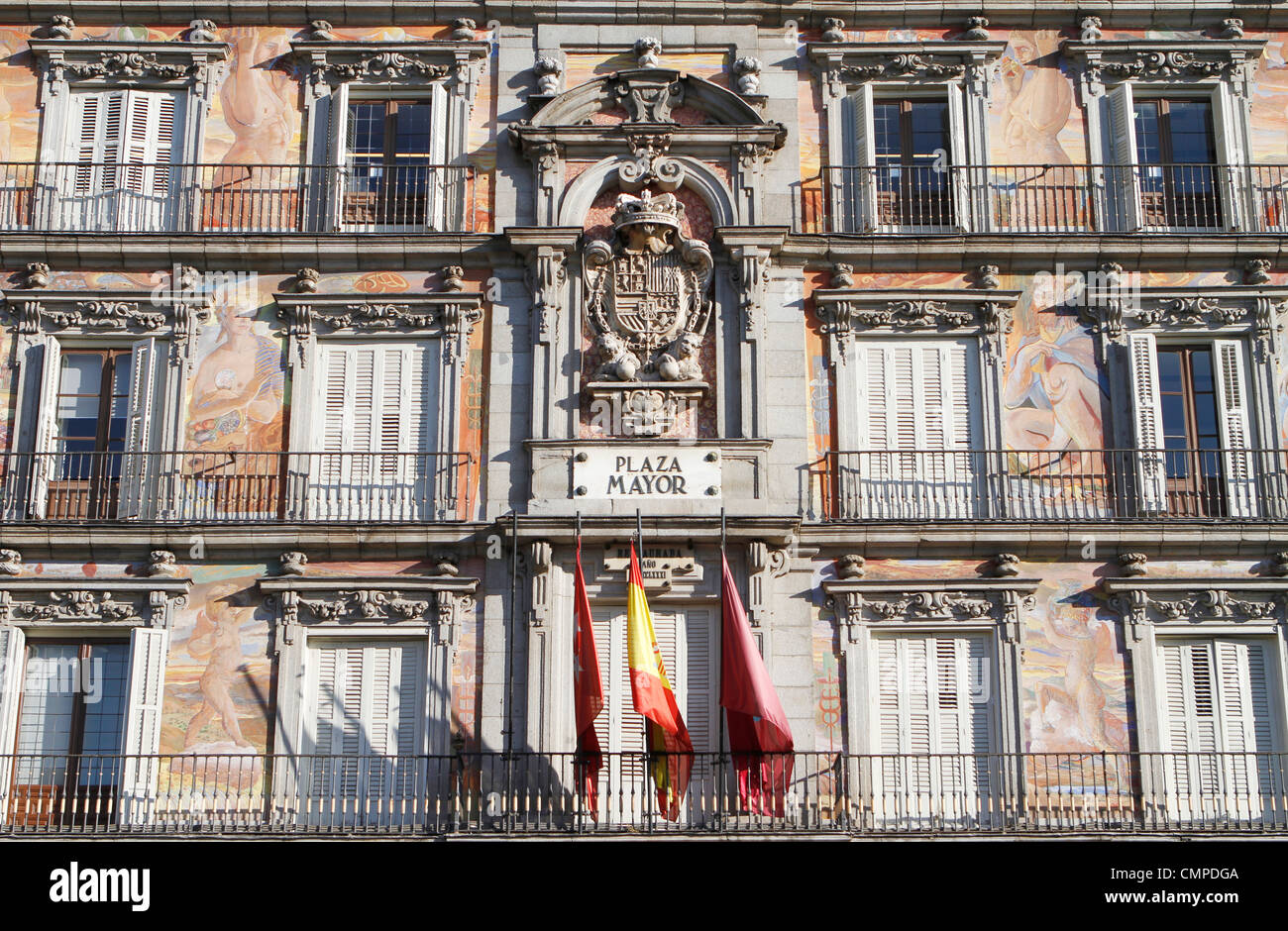 Ein Blick auf die Plaza Mayor, die Gebäude in Madrid, Spanien Stockfoto