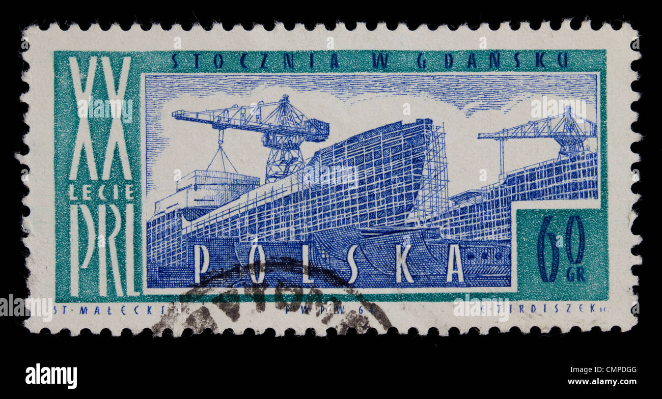 1964 - Polen abgebrochen Vintage post Stempel mit Gravur der Werft in Danzig Stockfoto
