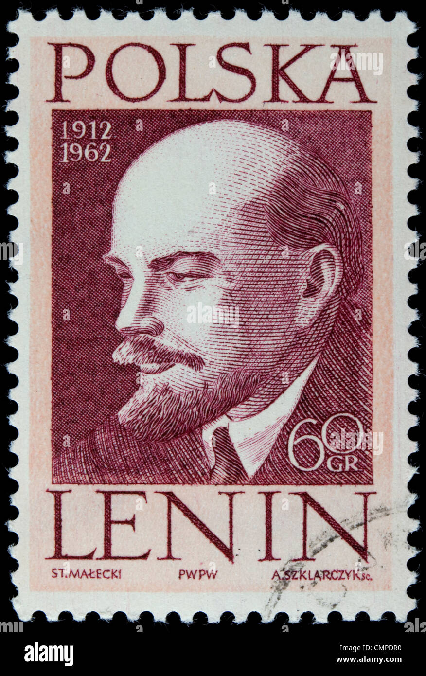 Polen 1962 - Porträt von Vladimir Lenin auf einem Vintage abgebrochen Briefmarke Stockfoto
