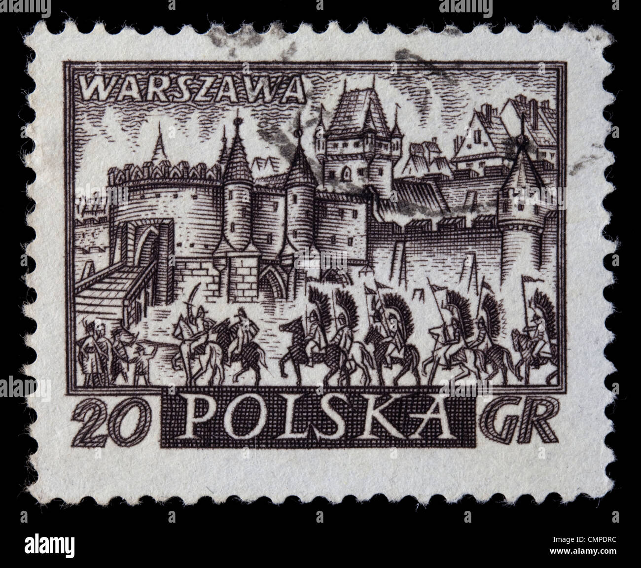 Polen, ca. 1960 - mittelalterliche Stadt von Warschau, polnischer Capitol, mit geflügelten Husaren Kavallerie auf einem Vintage abgebrochen Briefmarke, Stockfoto