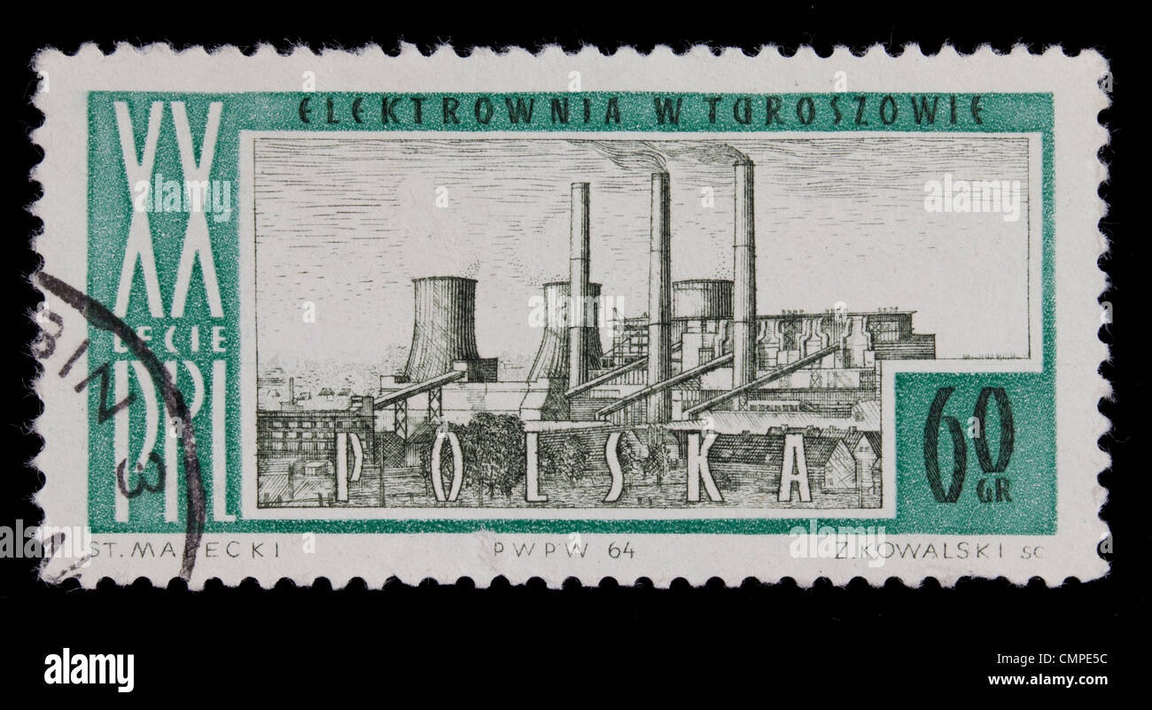 1964 - Polen abgebrochen Vintage post Stempel mit Zeichnung von Kohle-Kraftwerk in Turoszow Stockfoto