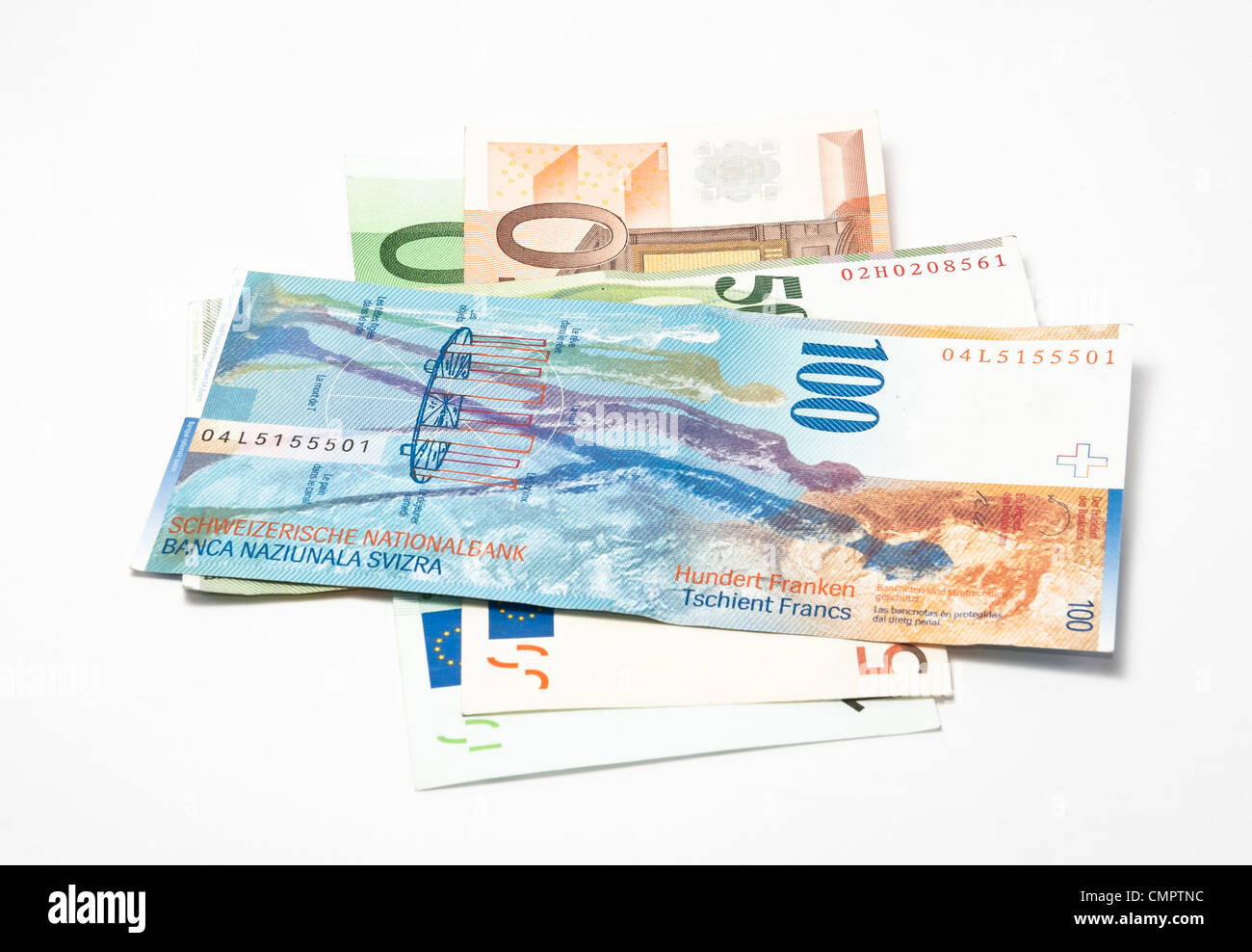 Schweizer frank Banknoten über Euro Verlegung Stockfoto