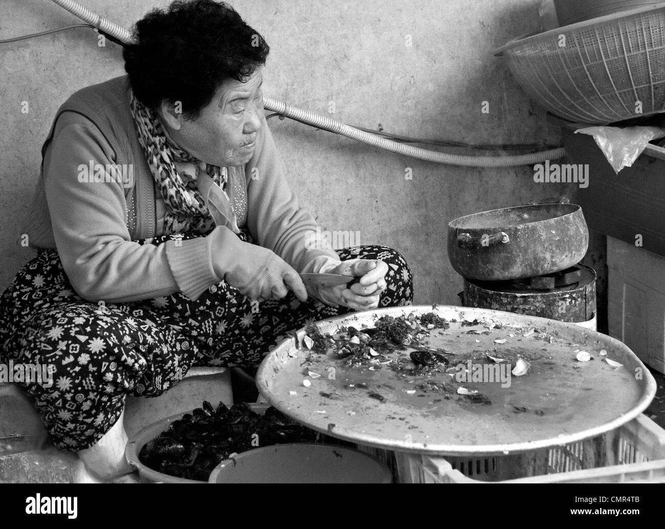 Lady, die Reinigung der Muscheln am Fischmarkt Buson Korea Stockfoto