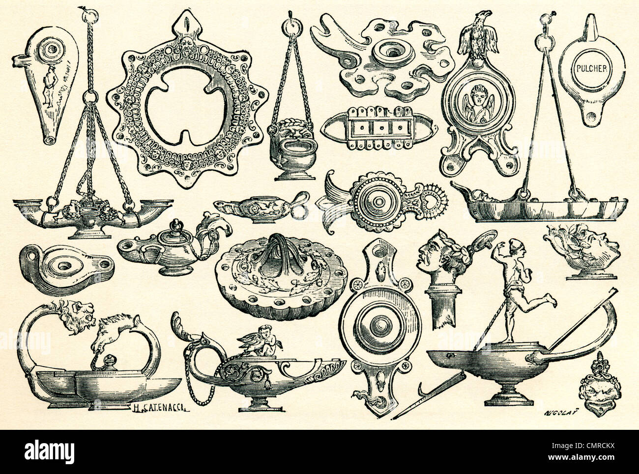 Bronze und Terrakotta-Lampen, die bei Ausgrabungen in Pompeji gefunden. Stockfoto