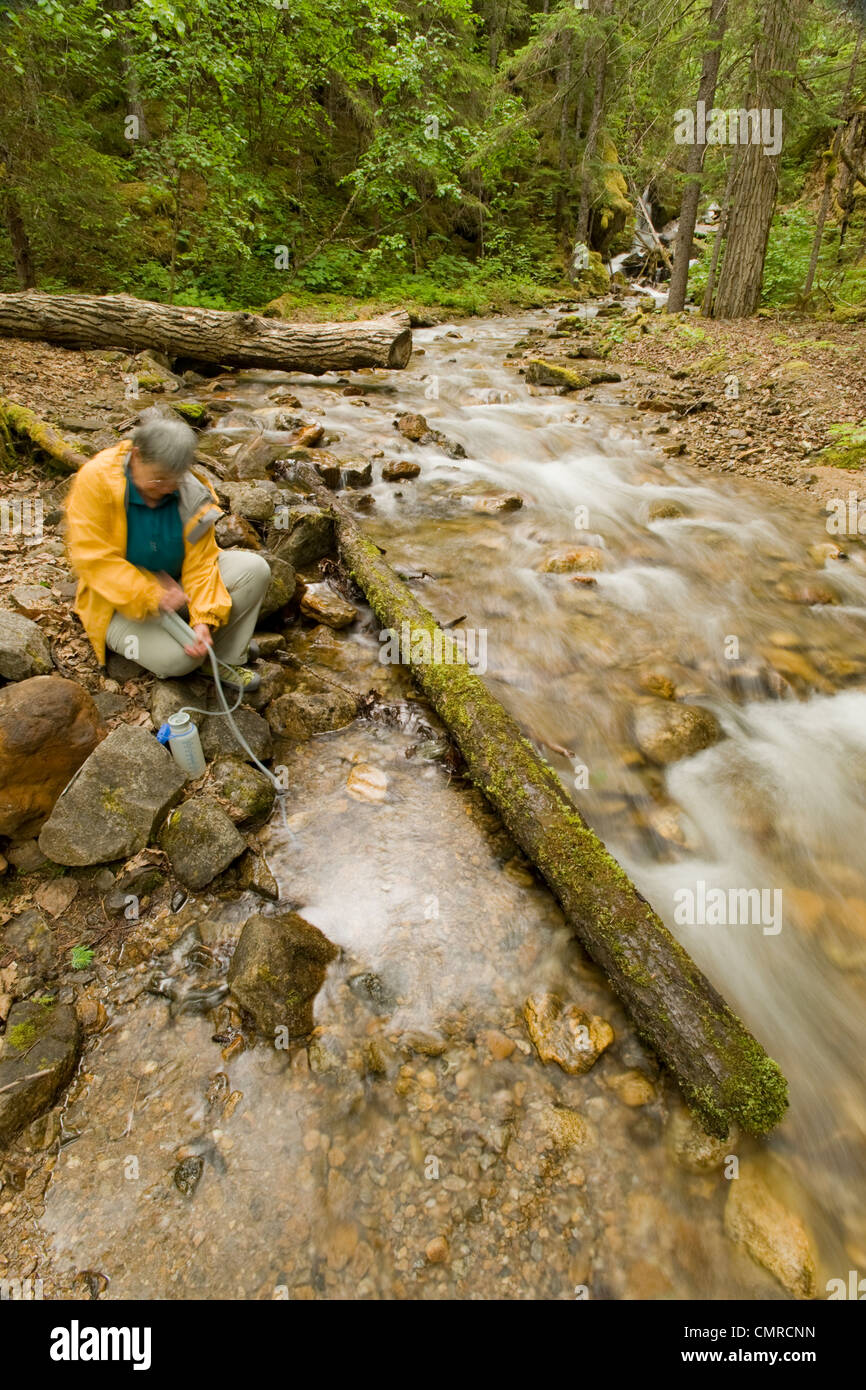 Ältere Frau, die Filterung von Trinkwasser in einem Bach auf dem Chilkoot Trail, Yukon Stockfoto