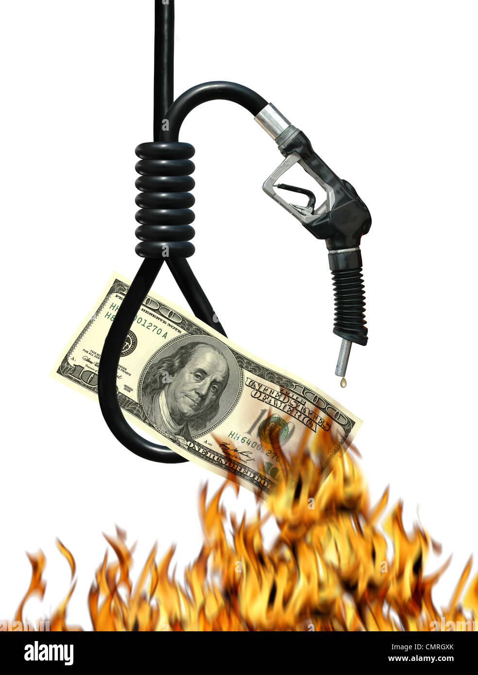 Schlinge, Gasdüse, Geld und Feuer Metapher als Symbol für die Kosten für Öl Stockfoto