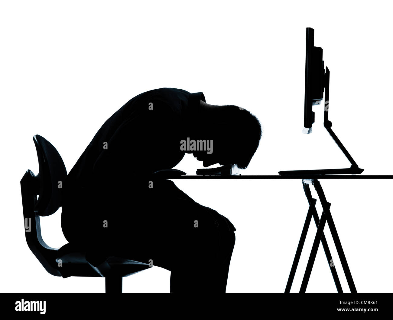ein kaukasischer Mann Geschäftscomputer computing schlafenden müde Silhouette im Studio isoliert auf weißem Hintergrund Stockfoto