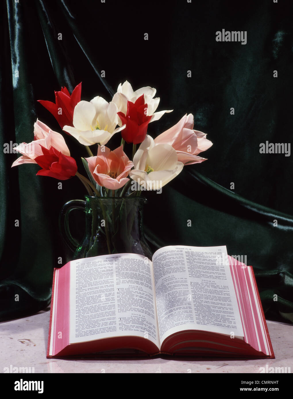 BLUMENSTRAUß ROT WEIß UND ROSA TULPEN AUF GRÜNEM HINTERGRUND MIT BIBEL ZU ÖFFNEN, UM DAS BUCH DER PSALMEN Stockfoto