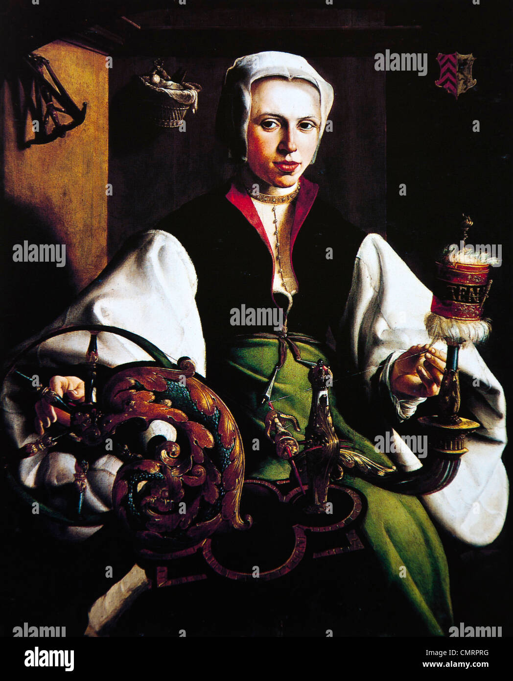 Porträt einer Dame mit Spindel und Spinnrocken, Maerten van Heemskerck Stockfoto