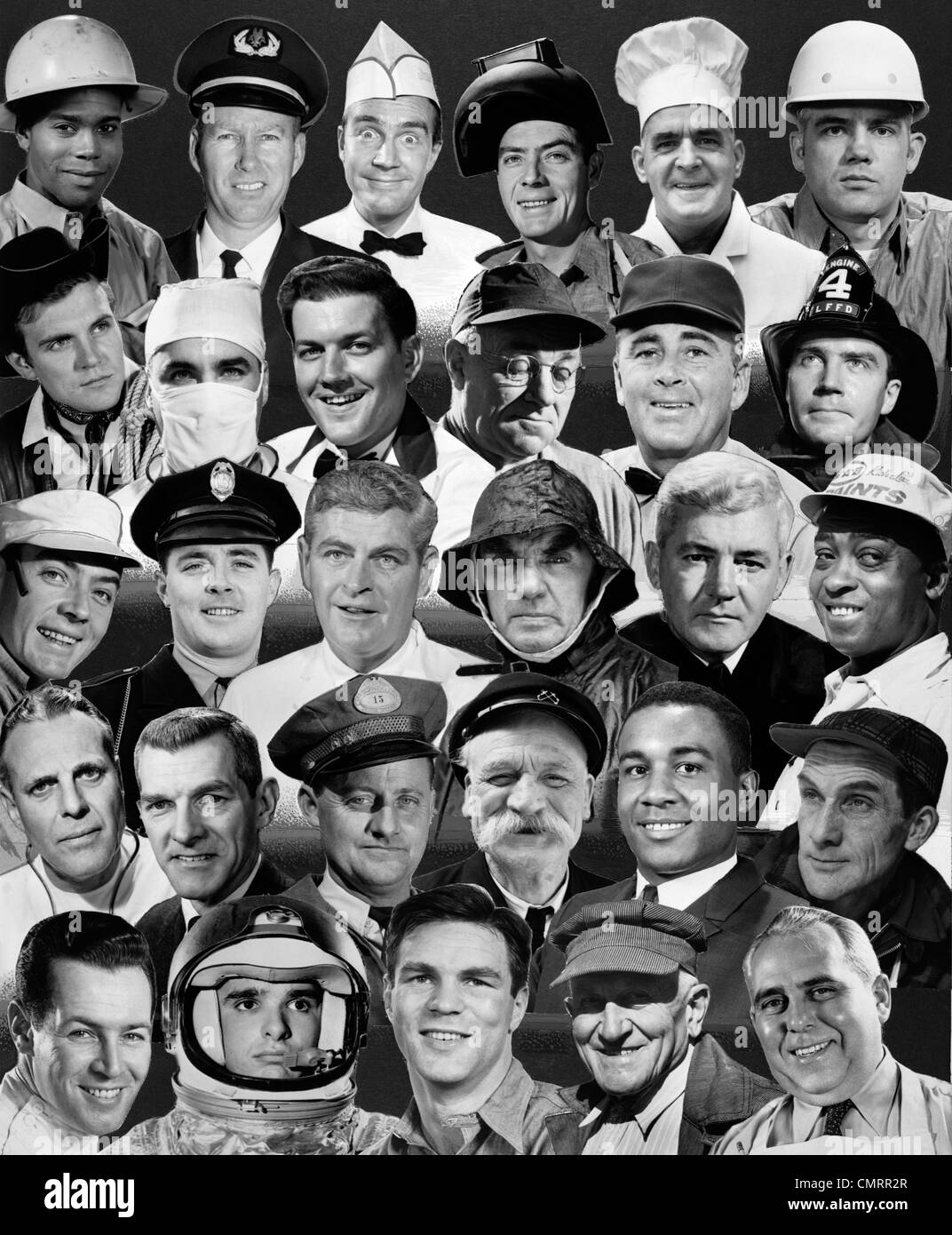 1960S 1970S MONTAGE DER KÖPFE VON 25 MÄNNERN VERSCHIEDENER BERUFE ALLE LÄCHELND Stockfoto