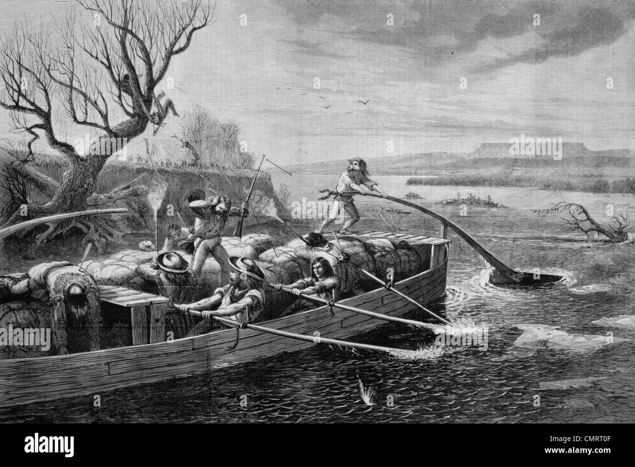 1830S 1840S PELZHÄNDLER AUF DEM MISSOURI RIVER VON INDIANERN WEITER WEG ZU ST. LOUIS ILLUSTRATION VON W. M. CARY ANGEGRIFFEN Stockfoto