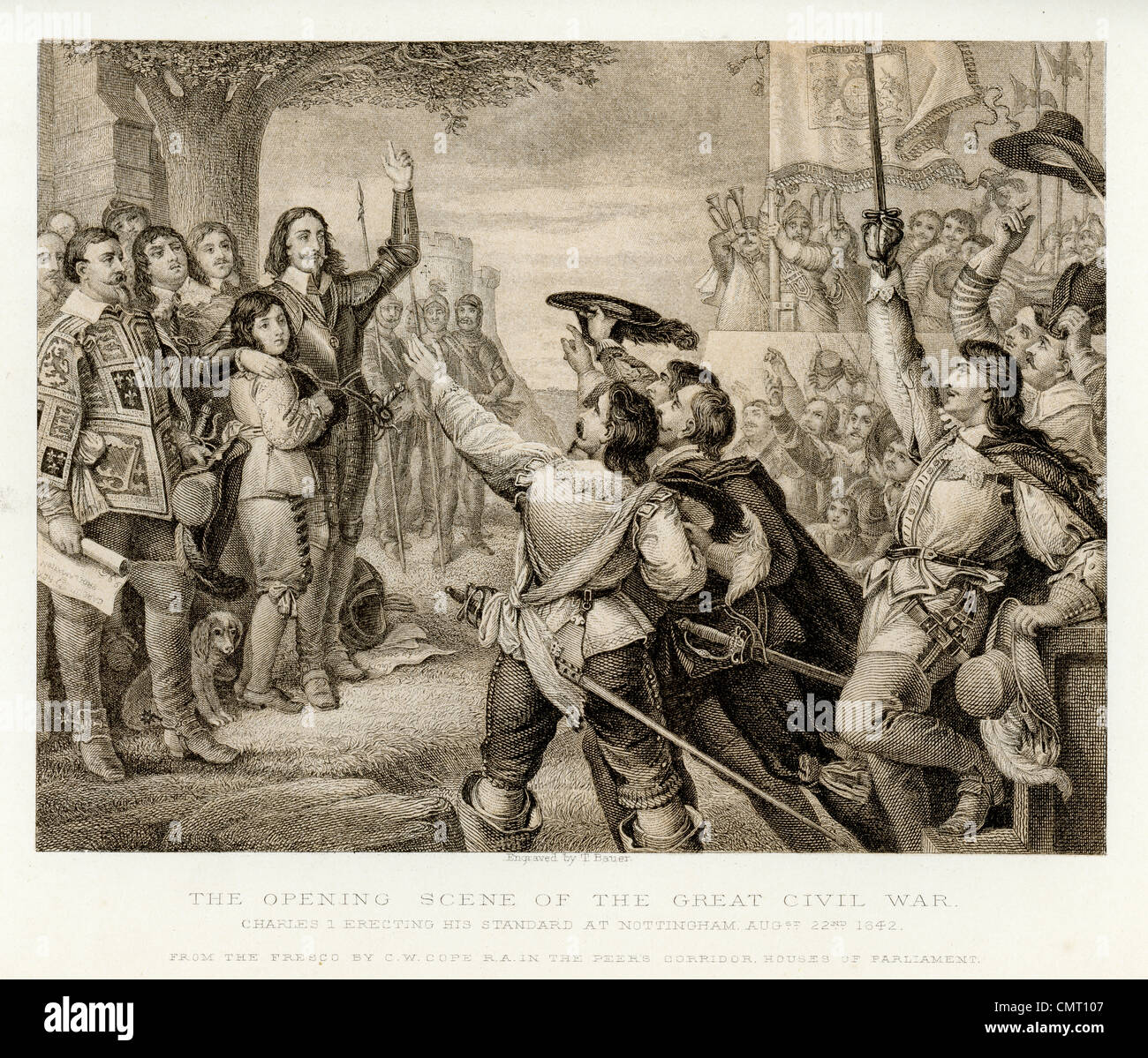 Die Eröffnungsszene des großen Bürgerkrieg Karl ich errichten seinen Maßstab an Nottingham 22. August 1642 Stockfoto