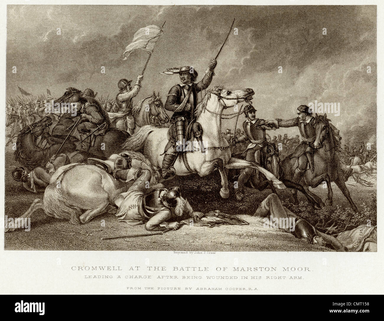 Oliver Cromwell an Schlacht von Marston Moor, führt eine Gebühr nach einer Verwundung in seinen rechten arm Stockfoto