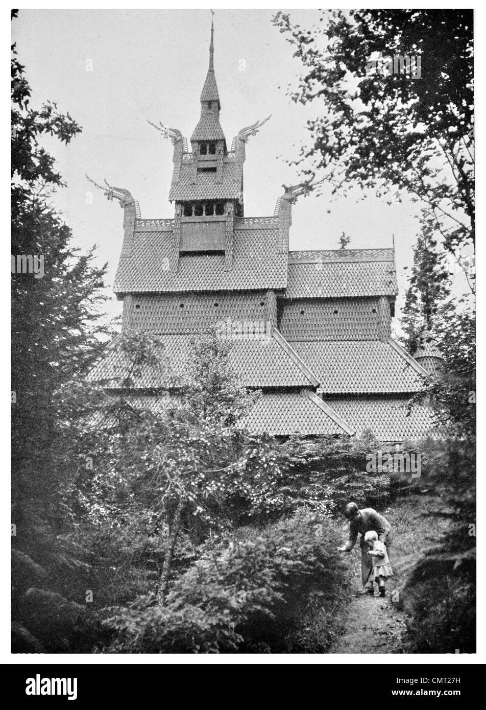 1924 Stavekirker Sogn Borgund Stavkirke XII Jahrhundert Kirche Norwegen Stockfoto