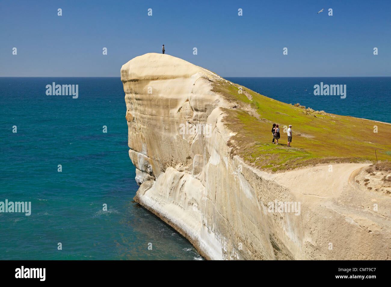 Touristen auf Klippe am Tunnel Beach, Dunedin, Südinsel, Neuseeland Stockfoto