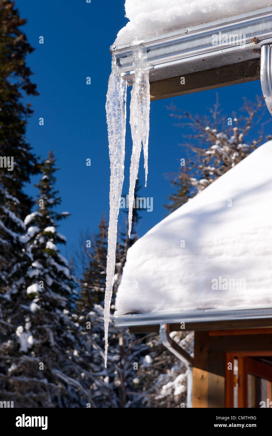 Eiszapfen hängen von der Gosse einer Kabine. Stockfoto