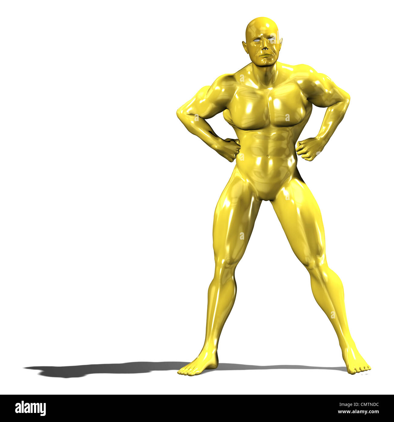 Gold Mann Heldenstatue in sicher stehende Pose. Isoliert auf weiss Stockfoto