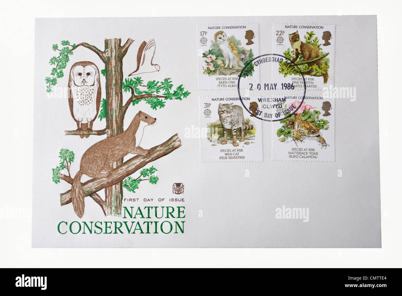 Gedenkmarken erster Tag, British Nature Conservation 1986, Briefmarkensammlung Stockfoto