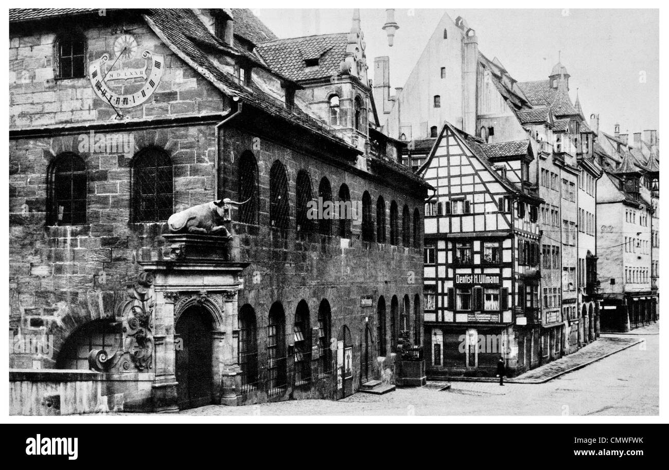 1925-Haus der Metzger Zunft in Nürnberg Deutschland Eingang Fleischbank Fleisch Halle Stockfoto
