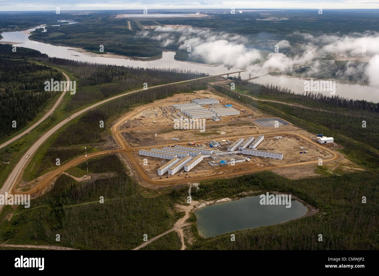 Ein Workcamp Housing Oil Sands Arbeiter nahe dem Athabasca River und Highway 63 nördlich von Fort McMurray, Alberta Stockfoto