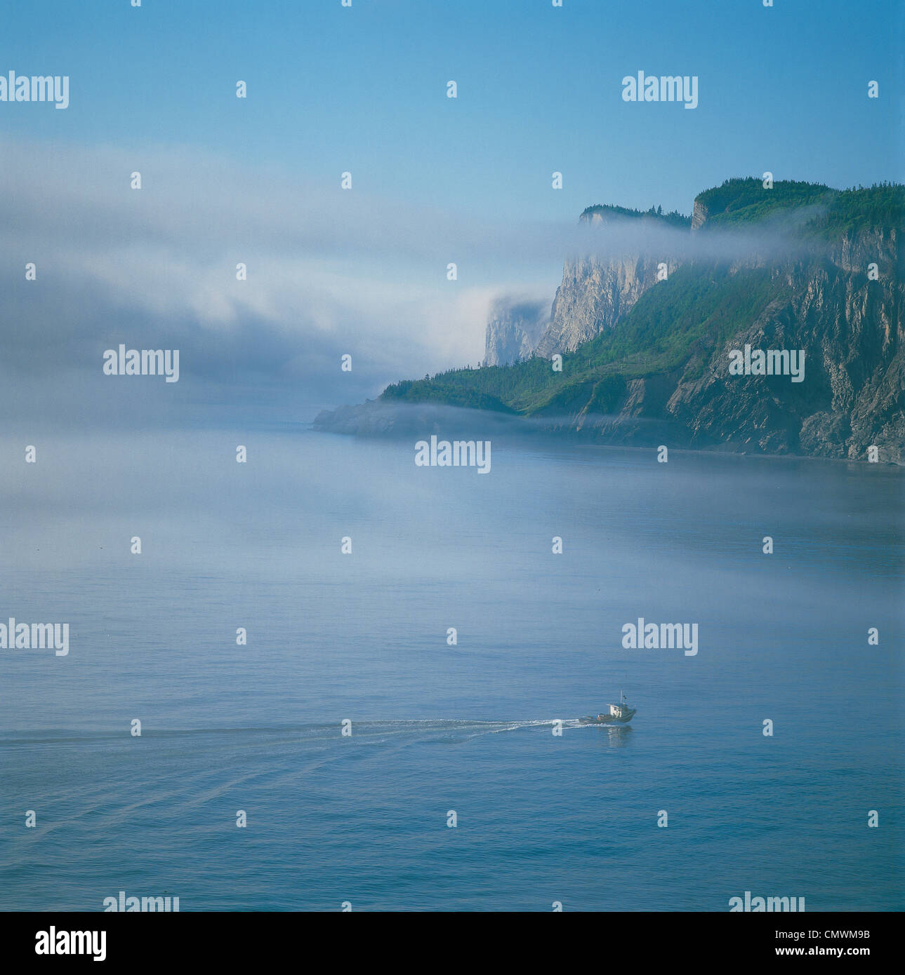 Fischer und Cap-Bon-Ami in Nebel, Forillon Nationalpark Gaspe Halbinsel, Quebec Stockfoto