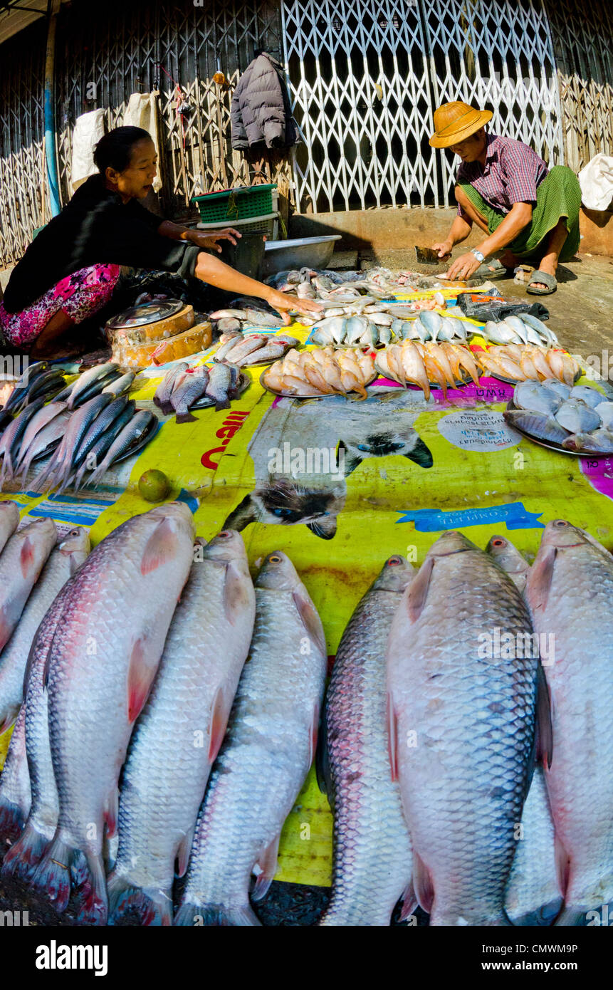 Beschäftigt Straßenmarkt in zentralen Yangon, Myanmar Stockfoto