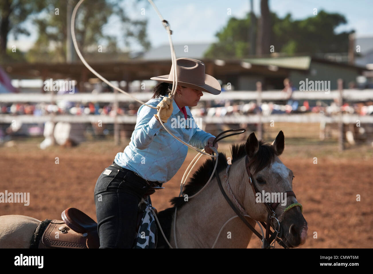 Cowgirl auf Pferd mit Lasso in der Hand während Breakaway roping Wettbewerb. Mt-Granat Rodeo, Mt Granat, Queensland, Australien Stockfoto