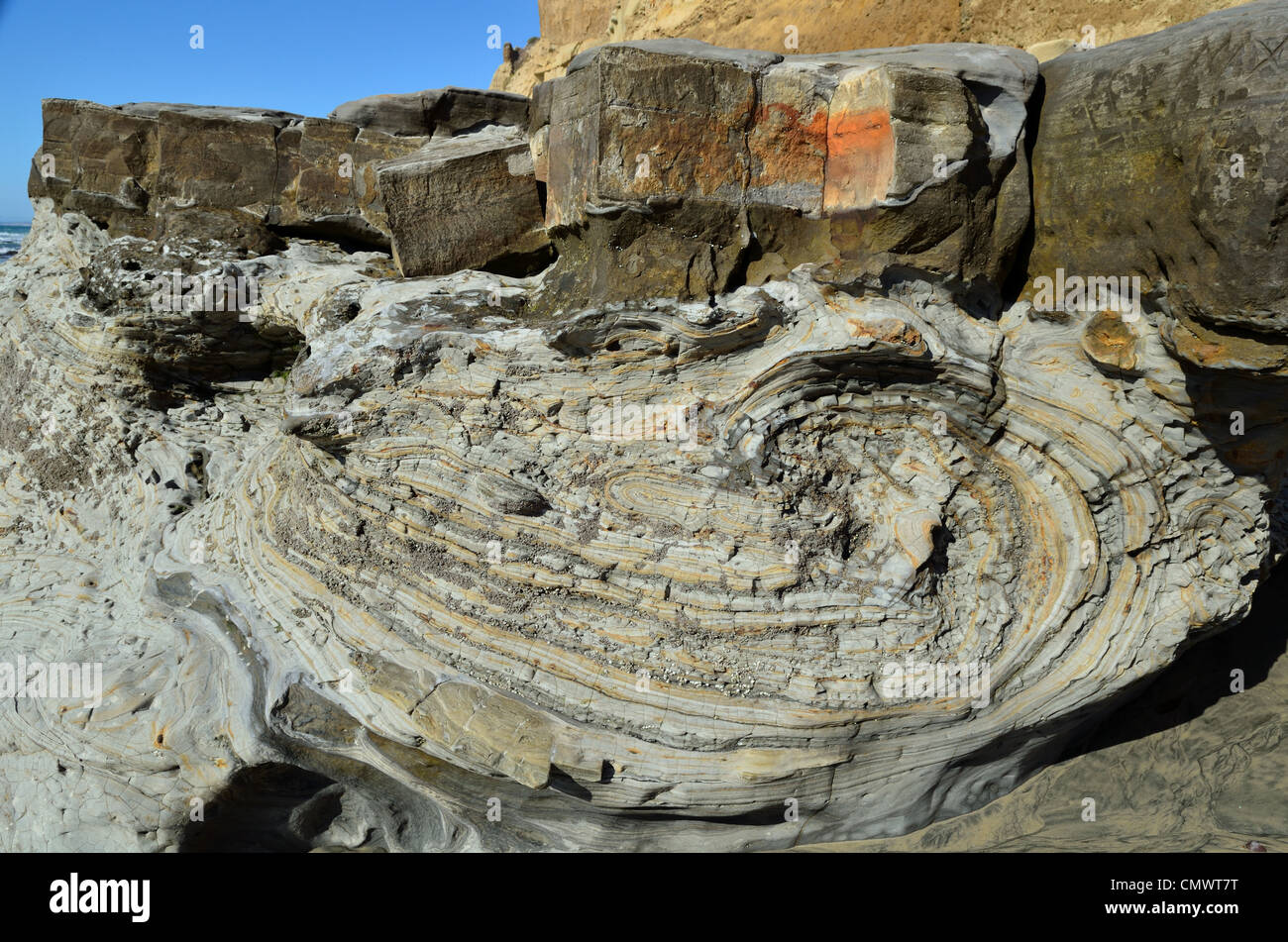 Weiche Ablagerungen aus Sandstein. Kalifornien, USA. Stockfoto