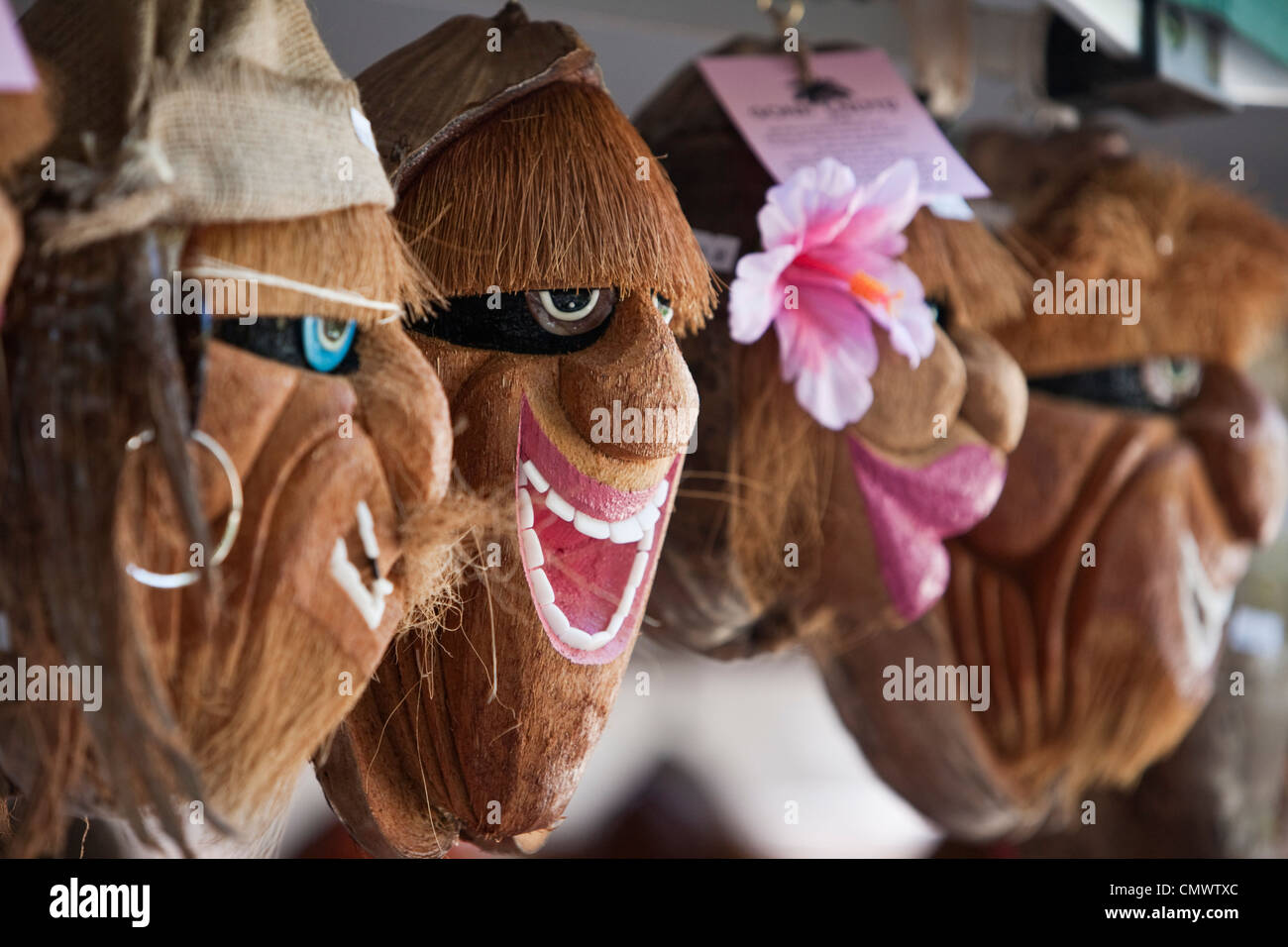 Skurrile Kunsthandwerk geschnitzt aus Kokosnüssen am Sonntag Märkte. Port Douglas, Queensland, Australien Stockfoto